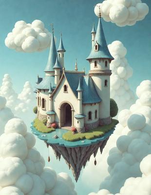 Primary subject: A castle floating in the air on a cloud.

Setting/background: The castle is floating on a cloud, with a blue sky in the background.

Visual style: The image is a digital art or illustration.

Colors and mood: The image has a vibrant and whimsical atmosphere, with the castle and the cloud being predominantly blue and white.